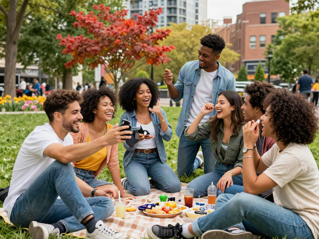 Diverse friends enjoying a sunny day in the park showcasing their confidence during an attractiveness test.