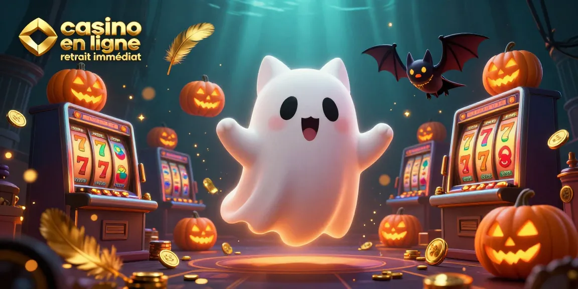 Plongez dans l'univers du casino en ligne retrait immédiat avec un chat fantôme et des éléments de jeu illuminés.