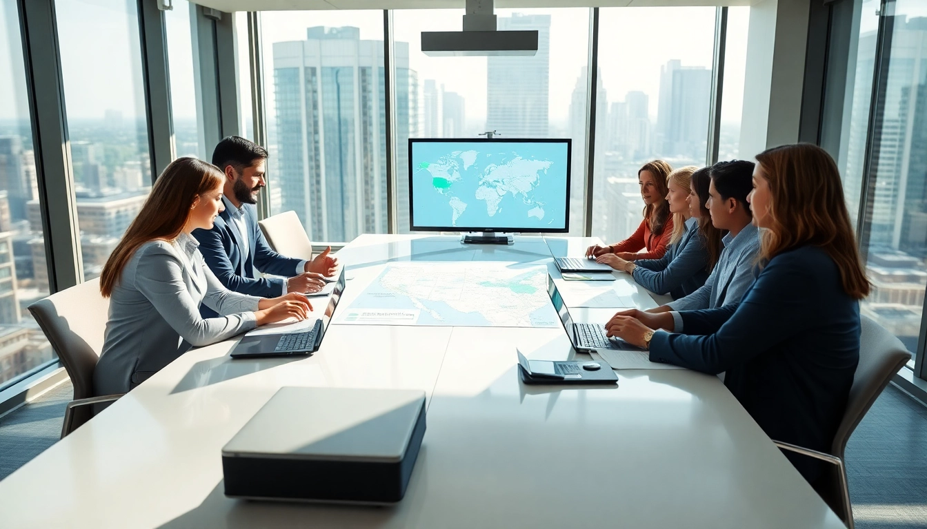 Team discussing multi-state title and escrow services in a modern conference room environment.