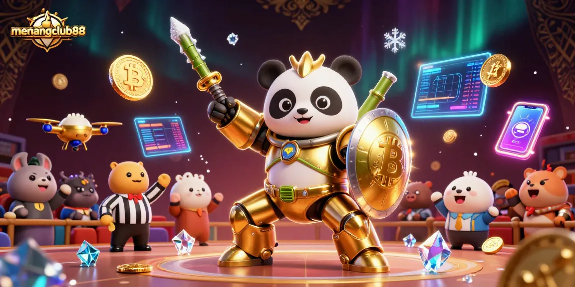 Experience adrenaline with menangclub88 in a vibrant casino scene featuring animated characters and crypto elements.
