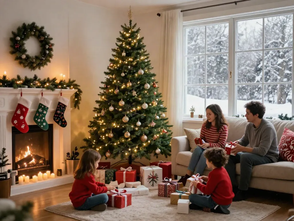 Tall skinny Christmas tree decorated with lights in a cozy living room.