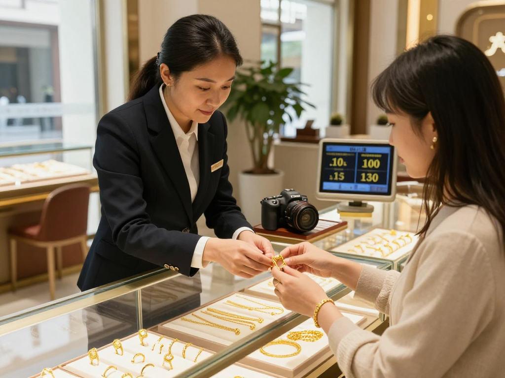 Customer exploring gold jewelry options in a premium store showcasing mantra 88.