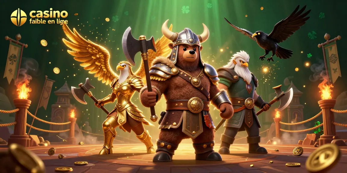 Illustration dynamique d'un casino fiable en ligne avec un ours viking et une aigle valkyrie, entourés de pièces d'or.