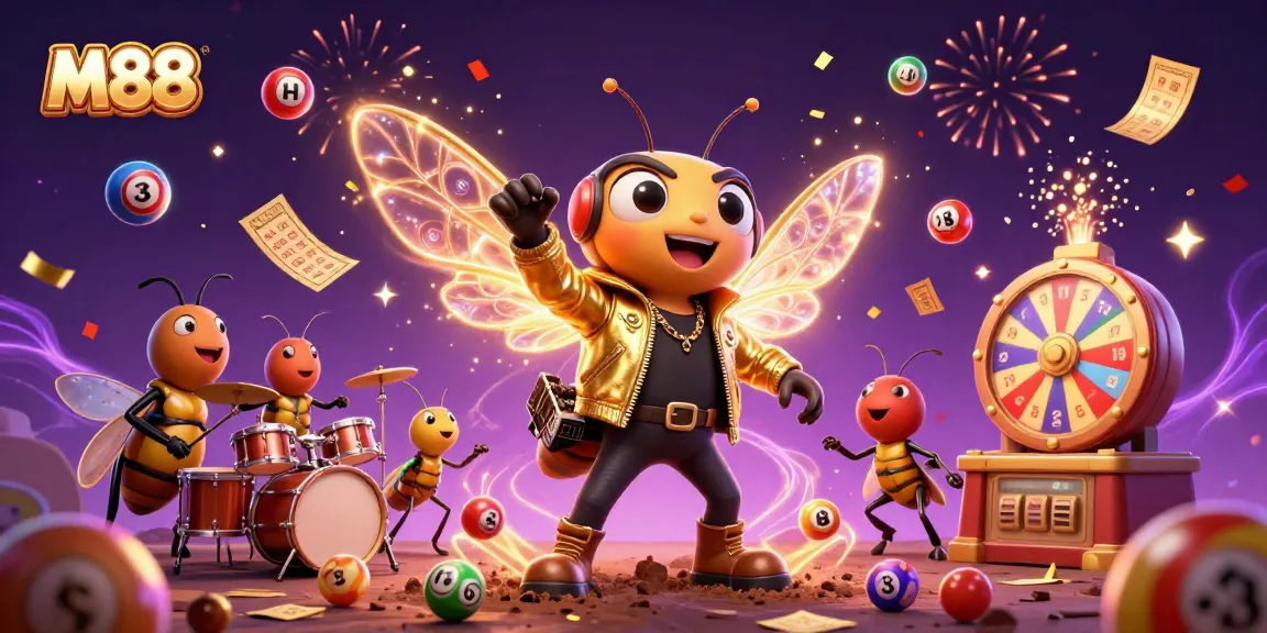 M88 showcases vibrant 3D illustration of a cicada rock star amidst a lively gambling scene, highlighting energy and excitement.