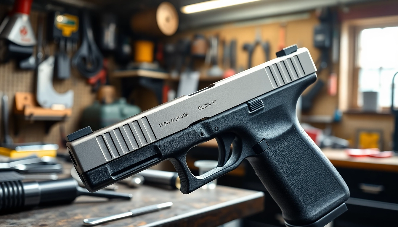 Showcasing glock 17 slide oem with detailed craftsmanship in a workshop.