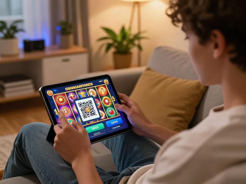 Engaging in slot qris online gaming with a tablet in a cozy living room.