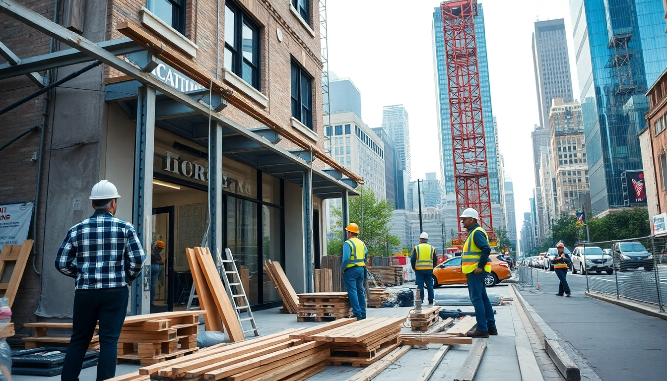 Constructing a storefront as a New York City Commercial General Contractor, highlighting urban professional imagery.
