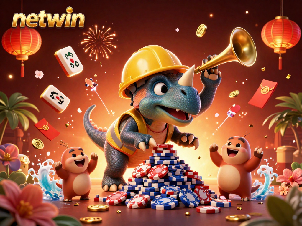 Experience winnings with Netwin as our charming characters celebrate gaming triumphs amidst vibrant casino elements.