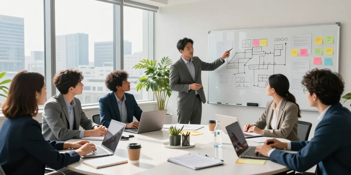Team collaboration in modern office discussing strategies, read more here to learn effective teamwork.