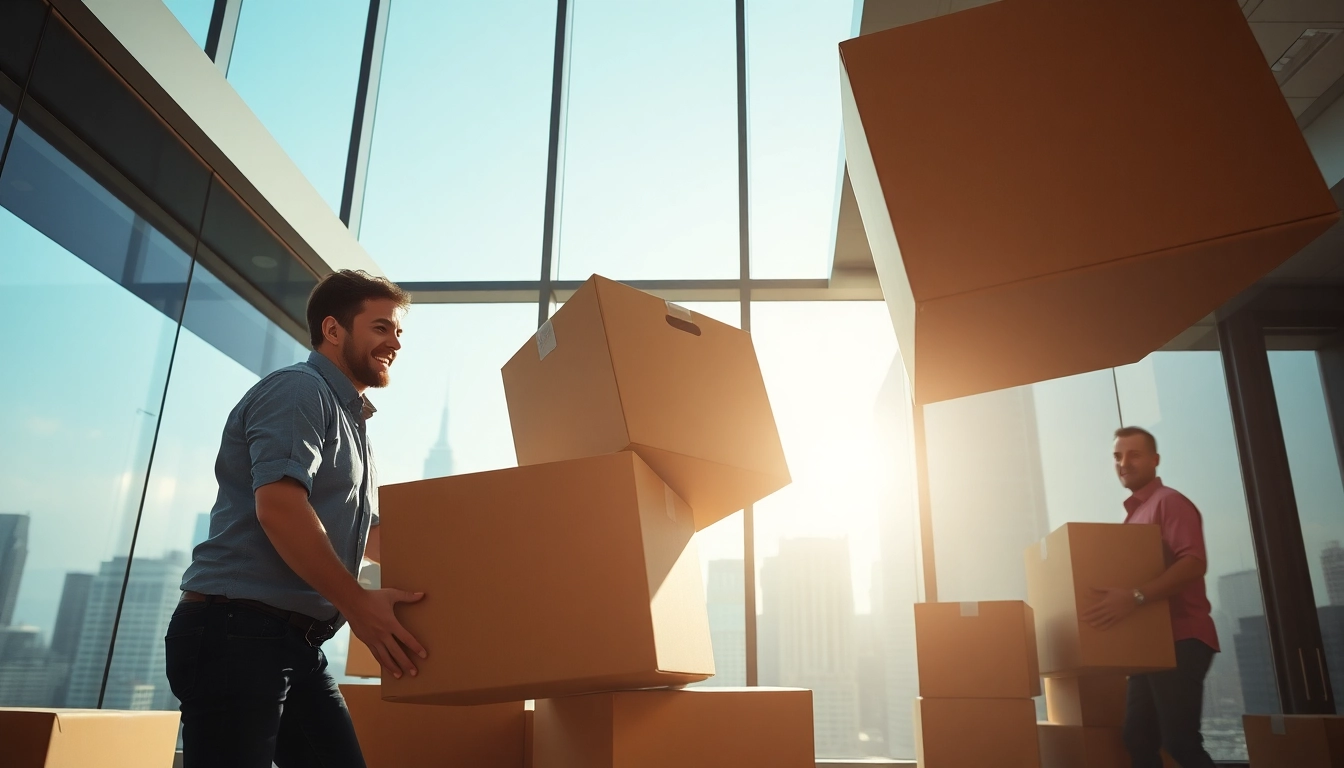 Efficient office moving services NYC team relocating items in a high-rise building.