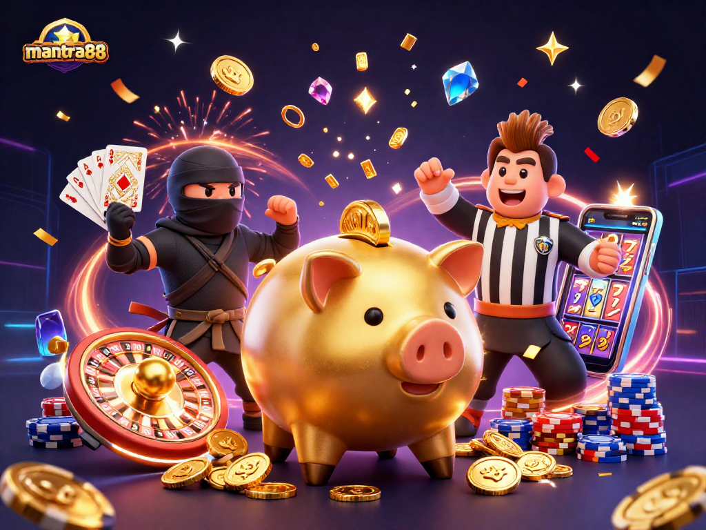 mantra88 showcases a piggy bank sumo wrestler surrounded by coins and vibrant casino elements