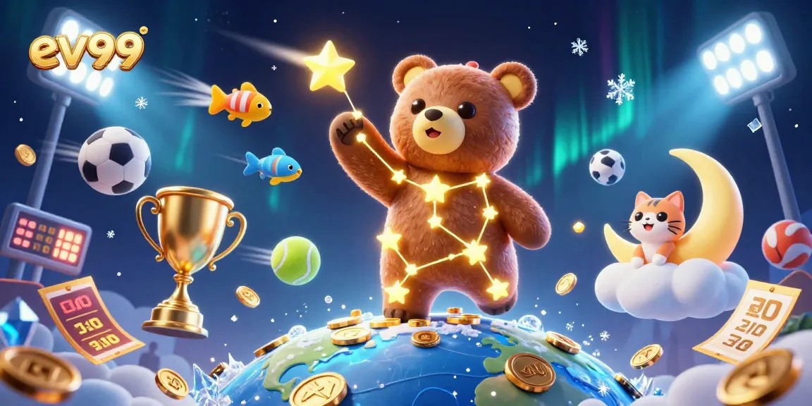 Ev99 offers thrilling sports betting experiences with vibrant casino elements in a captivating illustration.