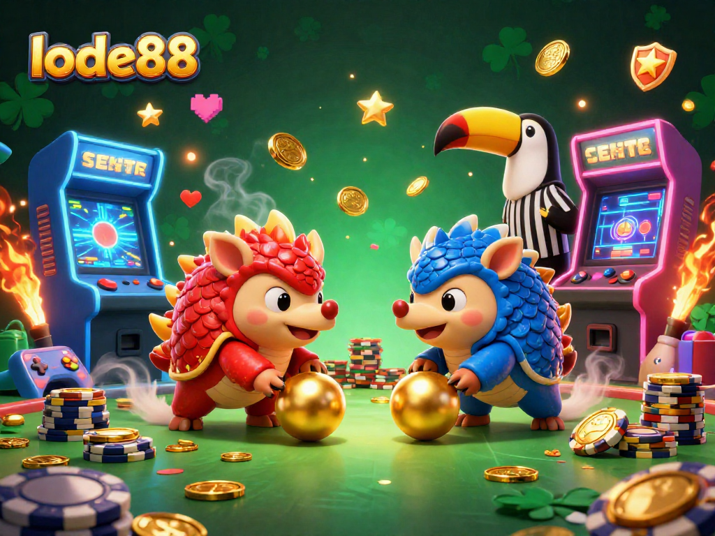 Engage with lode88's dynamic gaming scene featuring rival pangolins in a vibrant casino atmosphere.