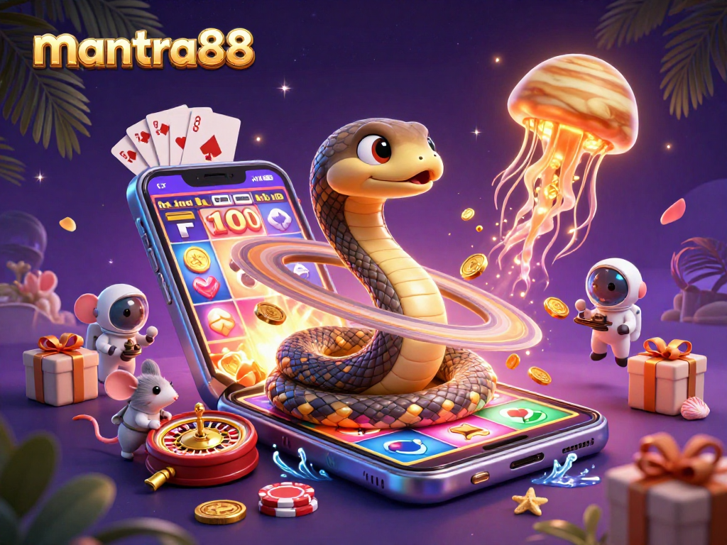 Experience the excitement of mantra88 as a Saturn ring snake hosts cosmic bets with vibrant exciting games.