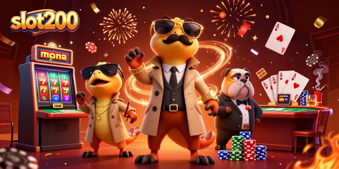 Join the thrill with slot200 as three raptors in disguise, stacked chips, and slot machines evoke excitement.