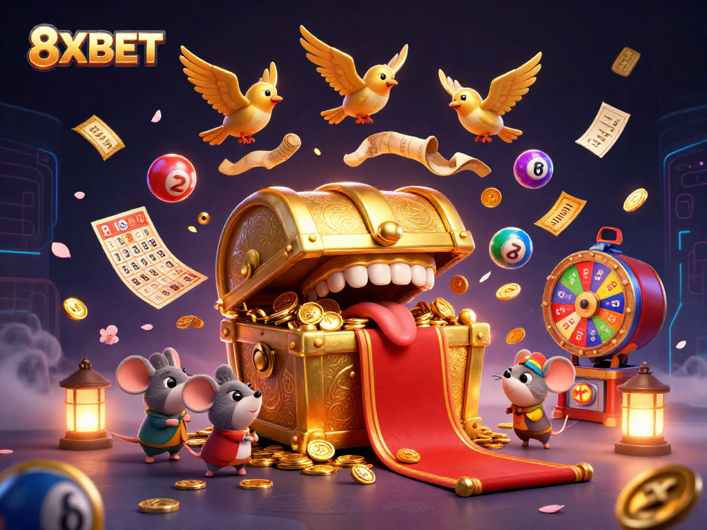 Engage in thrilling games at 8XBET with vibrant lottery balls, golden treasures, and dynamic elements.