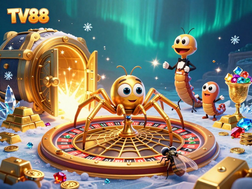 Engage in betting excitement at TV88 with a golden spider, roulette, and treasure in a vibrant scene.
