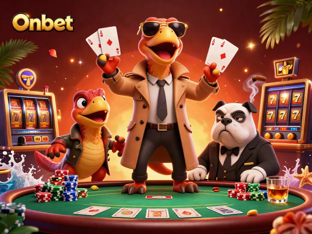 Onbet raptors entering a VIP casino lounge amidst dynamic poker and slot elements.