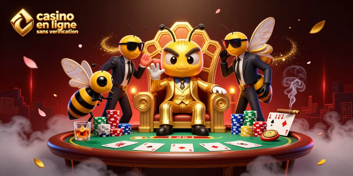 Illustration dynamique d'un boss mob bumblebee dans un casino, jouant avec des cartes au poker en ligne sans vérification.