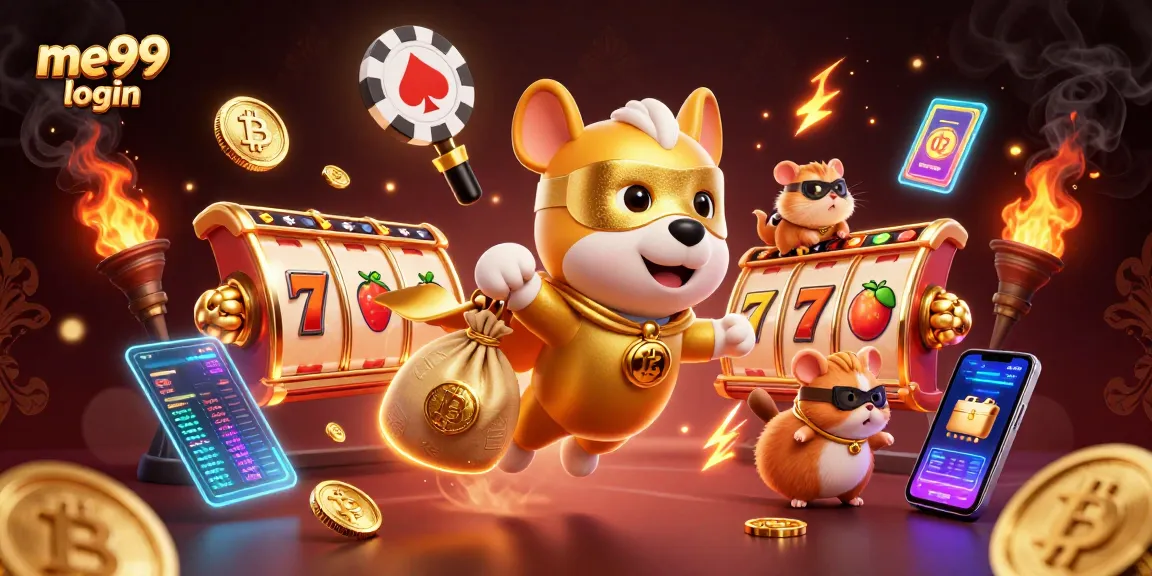 Engage with the thrilling me99 login experience, featuring vibrant casino-themed characters and elements.