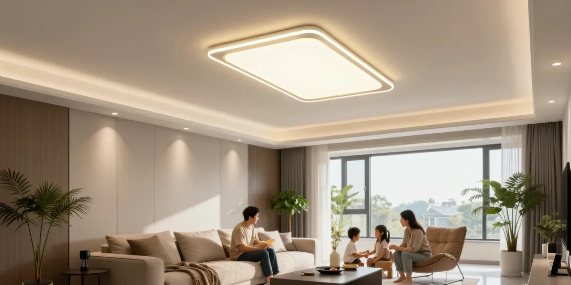 Aplice tavan elegante și moderne în interiorul unui living luminos, creând o atmosferă confortabilă.