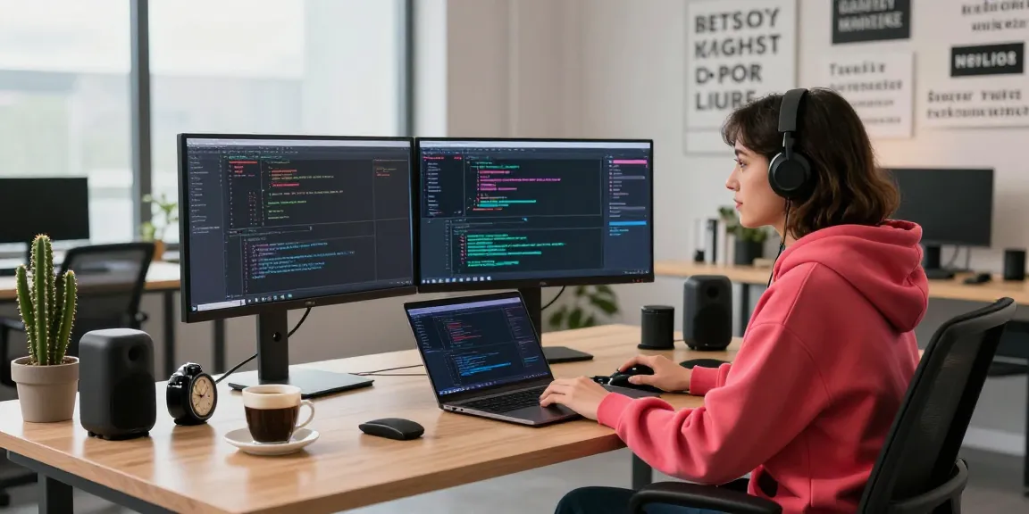 Developer coding at modern desk with multiple screens in vibrant workspace at net88.se.net