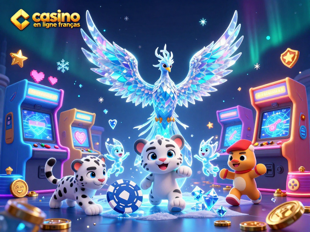 Jouez à casino en ligne français avec un phoenix de glace et un léopard des neiges entourés de machines à sous colorées.