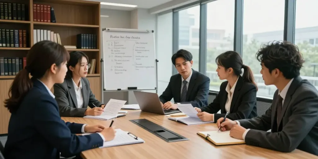 Lead Roedl legal consulting team collaborating on international business strategies in a modern office setting.
