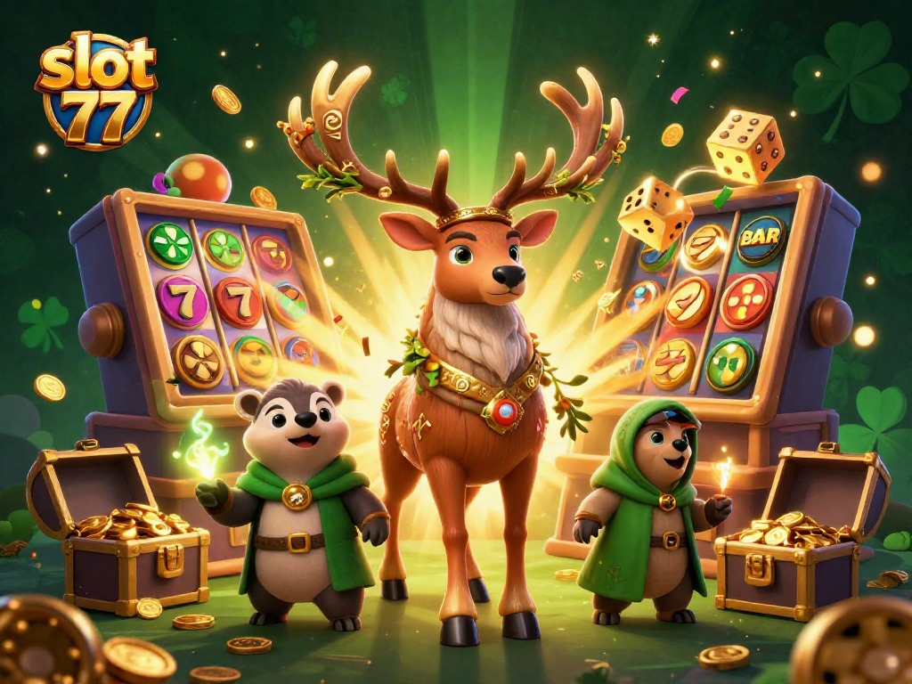 Spin the reels of slot 77 in a vibrant 3D fantasy scene filled with luck and winnings.