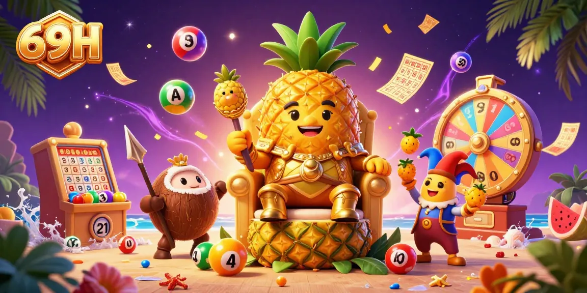 Entre no mundo de prêmios no 69H com o rei abacaxi dourado em um cassino de praia vibrante.