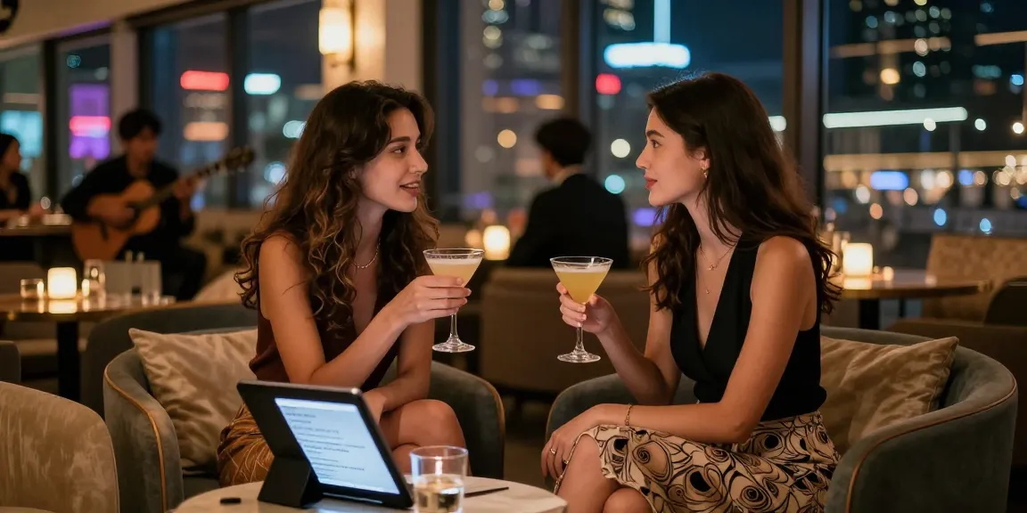 Gái gọi đang trò chuyện tại quán bar sang trọng dưới ánh đèn thành phố.