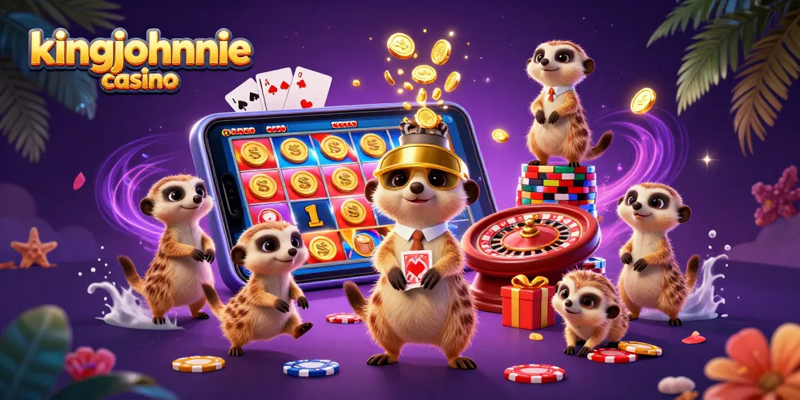 Experience the excitement at kingjohnnie casino with meerkats running a vibrant gaming scene filled with chips and cards.