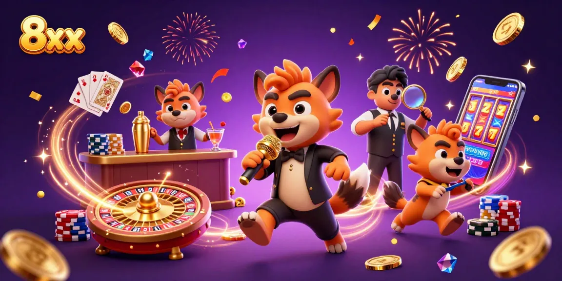 Experience the excitement of winning at 8xx with a lively casino scene featuring hyenas and gold coins.