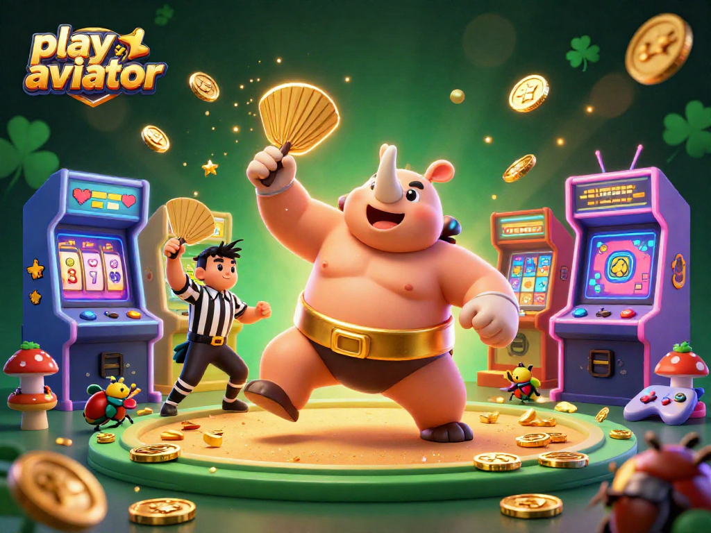 Play Aviator with colorful characters in a casino-like environment, featuring a beetle sumo champion and vibrant game elements.