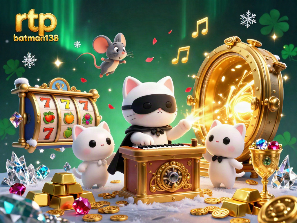 Gambarkan RTP Batman138 dengan kucing fantasi di kasino dan harta karun berkilauan.
