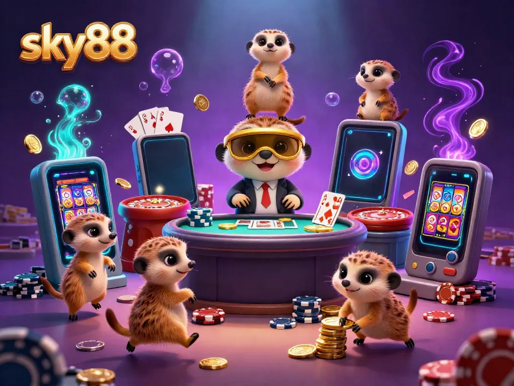 Experience the excitement of sky88 with meerkats immersed in a vibrant casino scene, showcasing dynamic games.