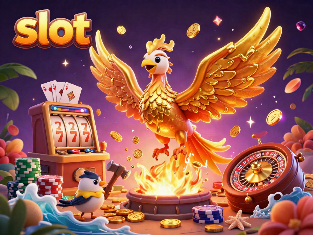 Menang di slot dengan phoenix emas dan mesin slot beruntung, koin berkilau terbang.