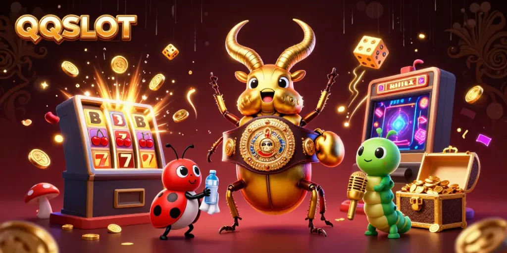 Experience thrilling action with QQSLOT as a giant golden stag beetle battles in a dynamic casino environment.