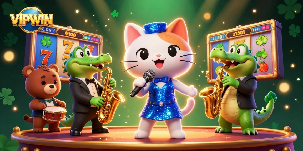 Join the fun at VIPWIN with a lively jazz performance featuring colorful slot games and sparkling designs.