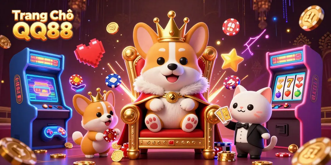 Play exhilarating games on Trang Chủ QQ88, featuring a royal corgi surrounded by slot reels and dynamic casino elements.