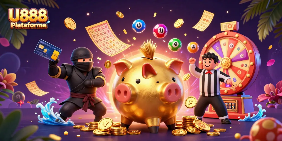 U888 Plataforma showcases a vibrant casino scene with a golden piggy bank and dynamic lottery elements.