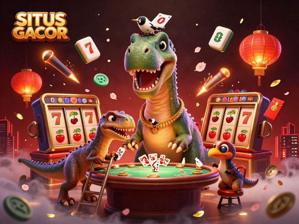 SITUS GACOR features a whimsical 3D cartoon scene with dinosaurs at a lively casino card table.
