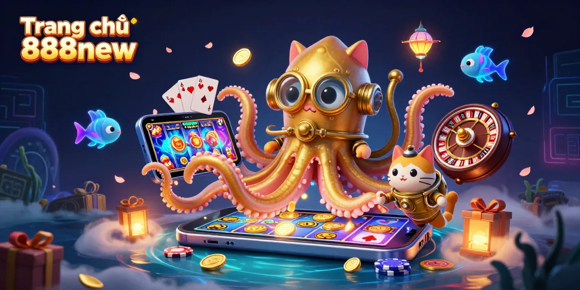 Experience excitement on Trang chủ 888new with a vibrant 3D casino scene featuring games and treasures.