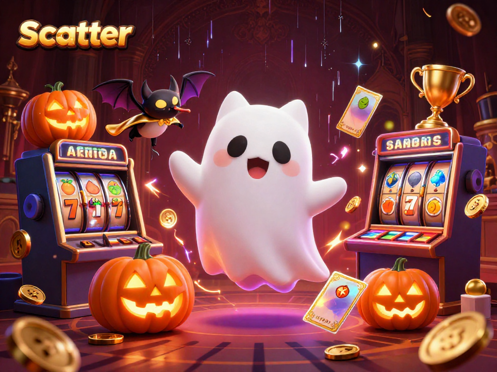 Experience scatter wins with vibrant slots in a haunted casino scene featuring a friendly ghost cat.