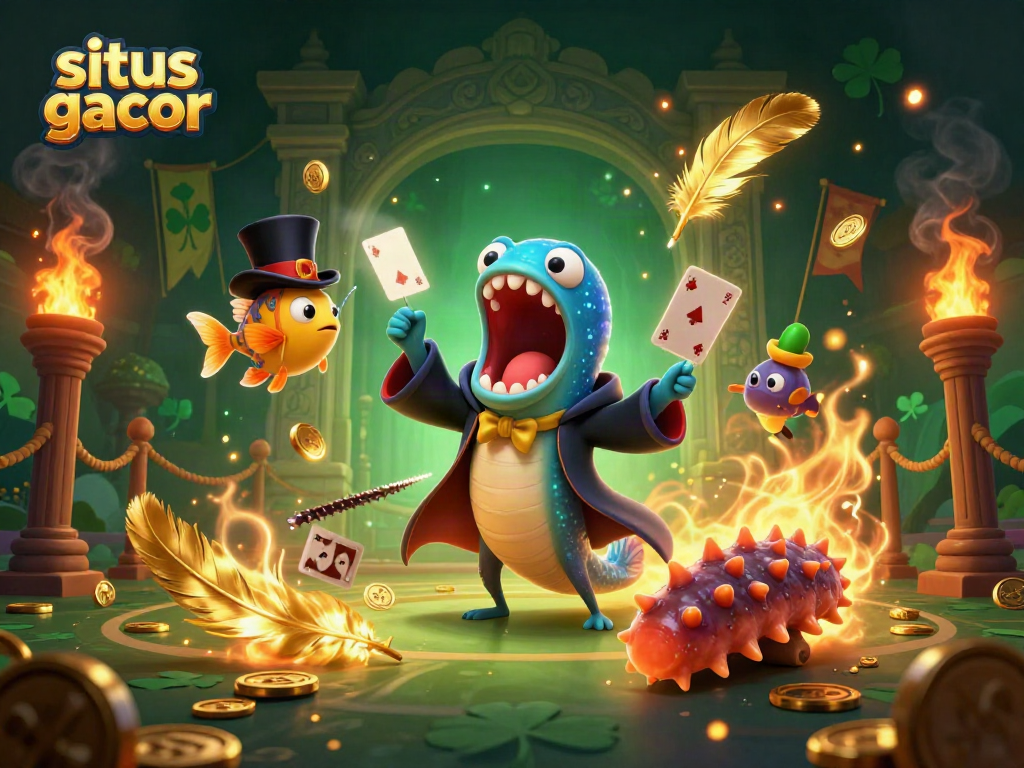 Situs gacor showcases a 3D illustration of a magical casino scene with deep-sea creatures performing tricks and swirling golden elements.