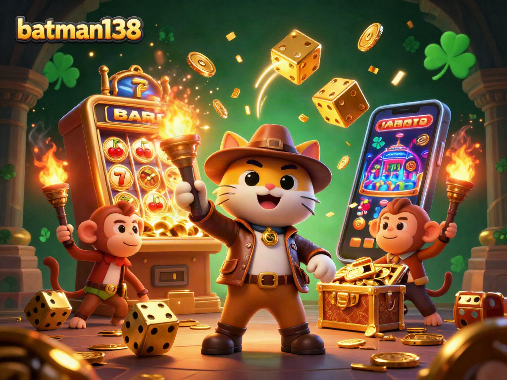 Menang besar di batman138 dengan kotak harta karun yang penuh emas dan simbol slot yang berkilauan.