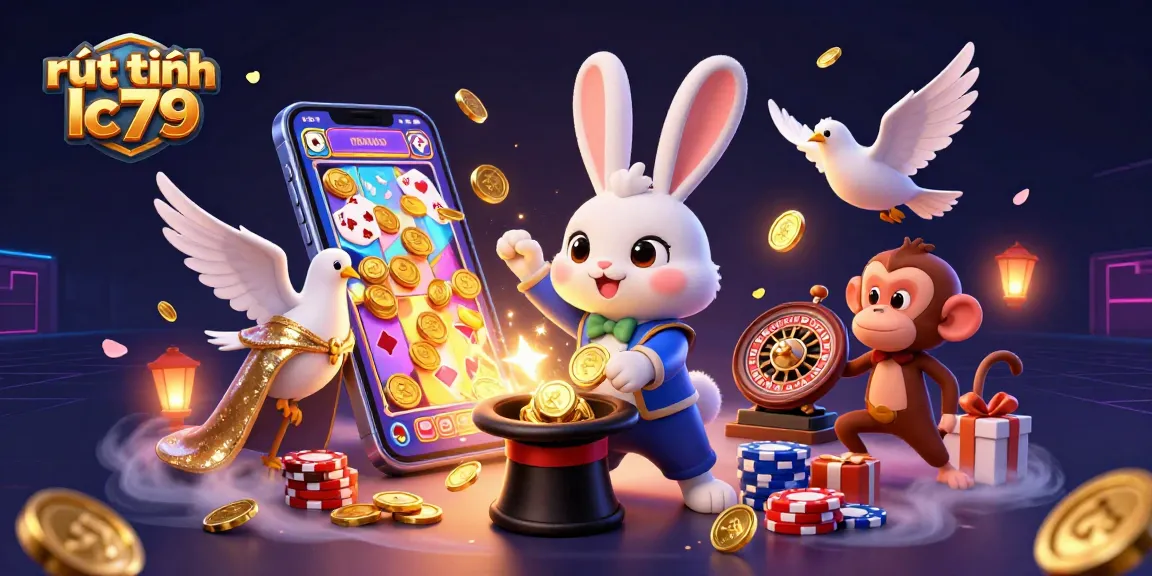 Một bức tranh sinh động với nội dung rút tiền lc79, chú thỏ 3D kéo vàng từ mũ và những chi tiết hấp dẫn khác trong casino.