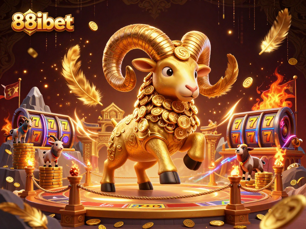 Experience thrilling wins at 88ibet with a cartoon golden ram charging through a vibrant casino
