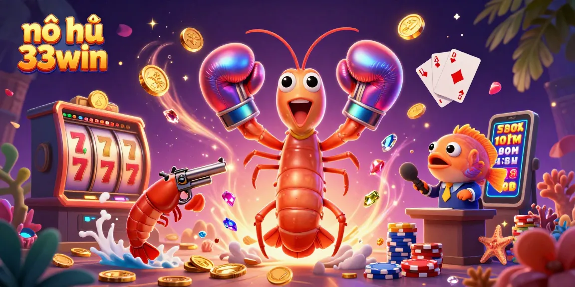 Nổ hũ 33win illustrates jackpot excitement with 3D characters and dynamic casino elements.
