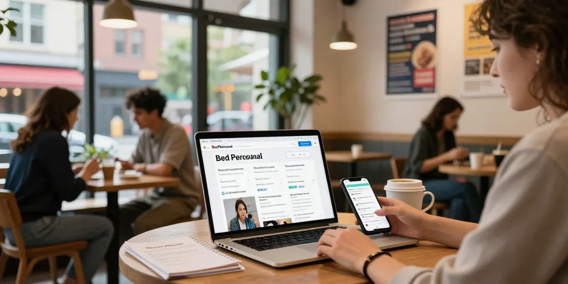 Browsing BedPersonal for local classifieds in a cozy coffee shop.